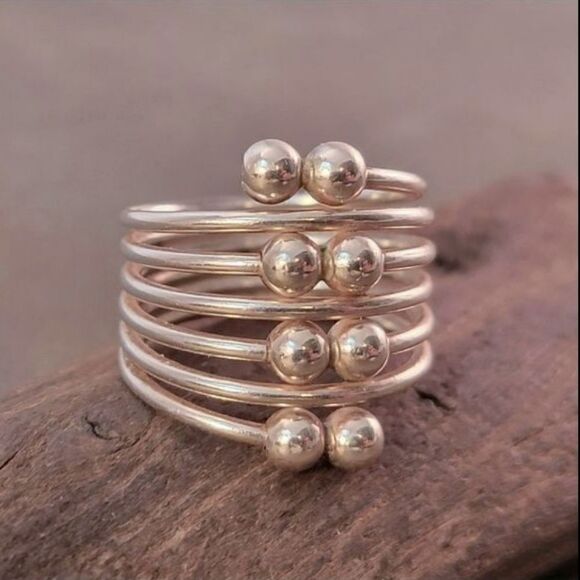 Vintage Sterling Silver Contemporary Double Ball Seven Loop Stacked - Picture 2 of 6